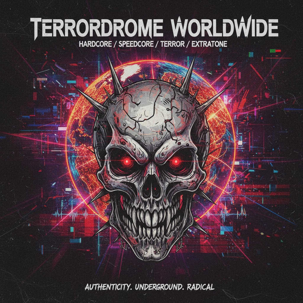 Ein stacheliger Totenkopf mit leuchtend roten Augen vor einem stilisierten, digitalen Globus mit Glitch-Effekten und dem Schriftzug โTERRORDROME WORLDWIDEโ.